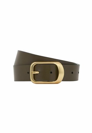 Dark brown leather belt with a large rounded rectangular gold metal buckle and multiple adjustment holes.