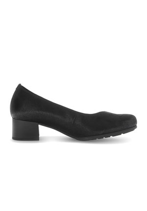 Black low-heeled pump made of textured material, featuring a rounded toe and smooth upper design. The heel is matte and block-shaped.