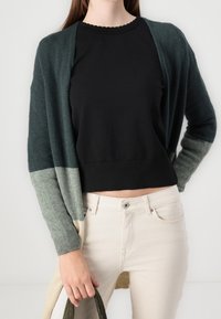 Tummanvihreä neuletakki, jossa on vaiheittainen värikuvio ja neulottu rakenne. Musta lyhyt toppi ja vaaleat farkut. Pitelee vihreää hihnaa.