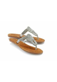 Sandalias de flip-flop con cuentas plateadas y una plantilla de ante en color marrón claro. Presentan un diseño decorativo de tiras trenzadas y un estilo de tira delgada.