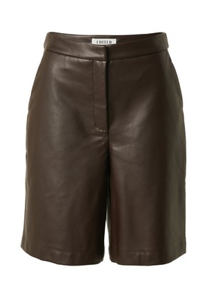 Bruine leren shorts met een hoge taille, een gladde textuur en een eenvoudig ontwerp aan de voorkant. Geen zichtbare hardware of patronen. Schone afgebroken randen.
