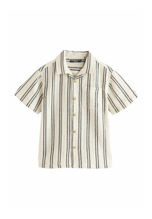 Short-sleeve button-up shirt with black and white vertical stripes and a chest pocket on a white background.