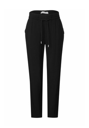 Schwarze Freizeithose mit elastischem Bund und Kordelzug, geraden Beinen und Seitentaschen.