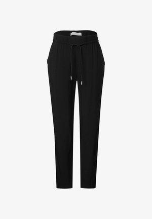 Černé neformální kalhoty s elastickým pasem a šňůrkou na stažení, rovné nohavice a boční kapsy.