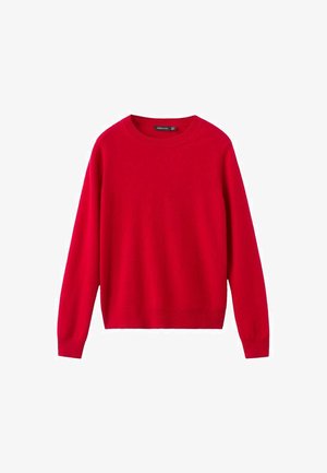 Pull rouge à manches longues en maille douce. Doté d'un col rond et de poignets côtelés. Design simple sans motifs visibles ni quincaillerie.