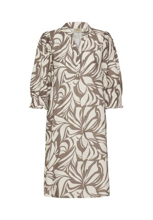 Keskmise pikkusega kleit suurte beežide ja pruunide abstraktsete lehemustritega, kolmeveerandvarrukatega, mille mansetid on kummikud ja vistrikulised ning nööbitav V-kaelusega kraega.