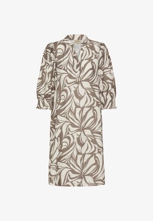 Keskmise pikkusega kleit suurte beežide ja pruunide abstraktsete lehemustritega, kolmeveerandvarrukatega, mille mansetid on kummikud ja vistrikulised ning nööbitav V-kaelusega kraega.