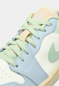 Gros plan d'une chaussure Nike pastel vert, bleu et crème avec des lacets texturés et le logo Jumpman visible sur la languette.
