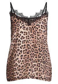 Camisole w print leoparda z czarną koronką, z cienkimi ramiączkami i miękką, gładką teksturą. Kolory obejmują odcienie od beżu do ciemnego brązu.