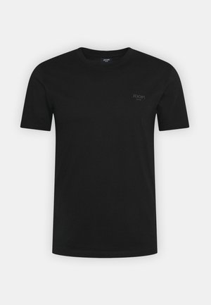 Black short-sleeve T-shirt made of cotton. Features a crew neckline and a small, subtle logo printed on the upper left side.