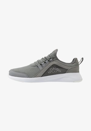 Gray athletic sneaker with mesh fabric, elastic laces, white sole, and Kappa logo on side and heel tab pull.