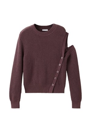 Pull à manches longues en maille mauve foncé avec des boutons sur le côté et une manche partiellement détachée pour un design asymétrique unique.