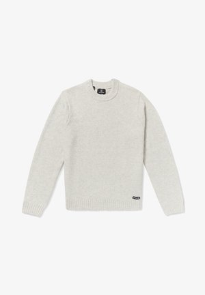 Light gray sweater, crew neck, long sleeves, made of soft fabric with ribbed cuffs and hem. Small logo patch on the bottom left side.