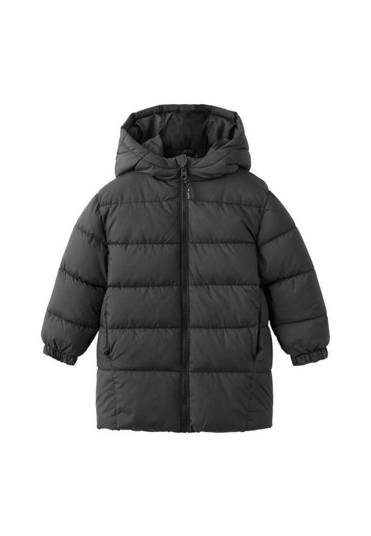 Manteau d'hiver noir rembourré avec capuche, poignets élastiques, fermeture éclair à l'avant et poches latérales, conçu pour la chaleur et le port en extérieur.
