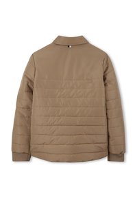 Padded brown jacket with a collar, horizontal stitching, and ribbed cuffs. Smooth texture and streamlined design. Back view shown.