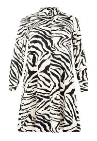 Hemdkleid mit einem schwarz-weißen Zebra-Streifen-Muster, langen Ärmeln, Kragen und einer leicht ausgestellten Silhouette. Hergestellt aus glattem Stoff.