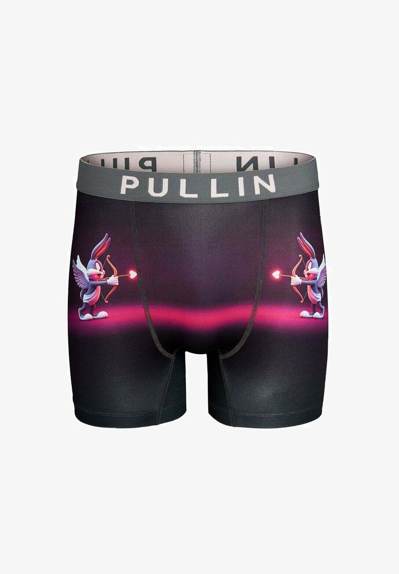 Caleçon noir avec un motif représentant un lapin ailé tenant un arc et une flèche, accompagné d'un cœur rose. Taille élastique grise avec le logo "PULLIN".