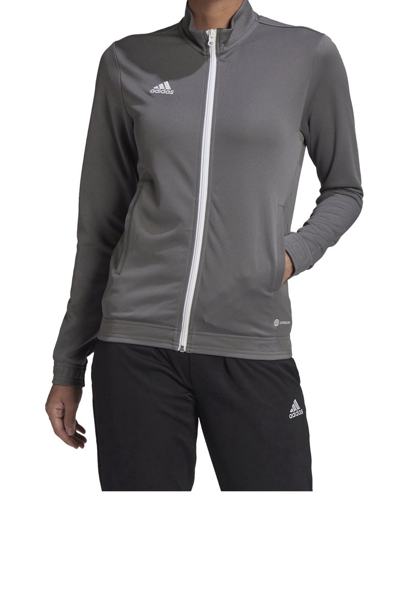 Personne portant une veste zippée grise Adidas avec une fermeture éclair blanche et un pantalon Adidas noir, une main dans la poche de la veste, debout.