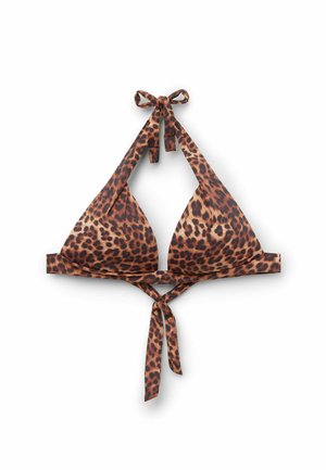 Brun och svart leopardmönstrad halterneck bikiniöverdel med knyt vid nacke och rygg på vit bakgrund.
