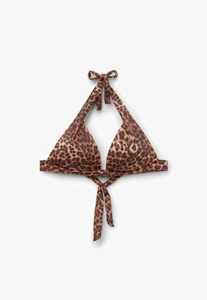 Brun och svart leopardmönstrad halterneck bikiniöverdel med knyt vid nacke och rygg på vit bakgrund.
