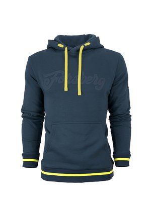 Granatowy hoodie z żółtymi sznurkami, prążkowanymi mankietami i ściągaczem. Posiada duże, subtelne logo z przodu. Miękka tekstura materiału.