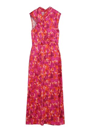 Vestido largo sin mangas con escote torcido en un patrón floral abstracto en rosa, naranja y rojo, ajustado en la cintura con falda fluida.