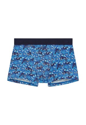 Modré vzorované trenýrky s námořnickým pasem, s květinovým vzorem v odstínech modré a bílé a měkkou texturou.