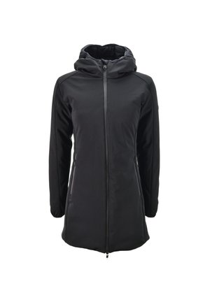 Giacca nera con cappuccio, con zip frontale, maniche lunghe e tasche laterali con zip. Tessuto liscio ed elastico con una silhouette aderente.