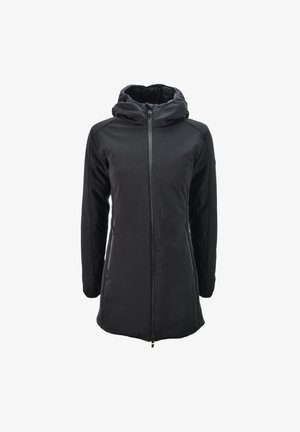 Giacca nera con cappuccio, con zip frontale, maniche lunghe e tasche laterali con zip. Tessuto liscio ed elastico con una silhouette aderente.
