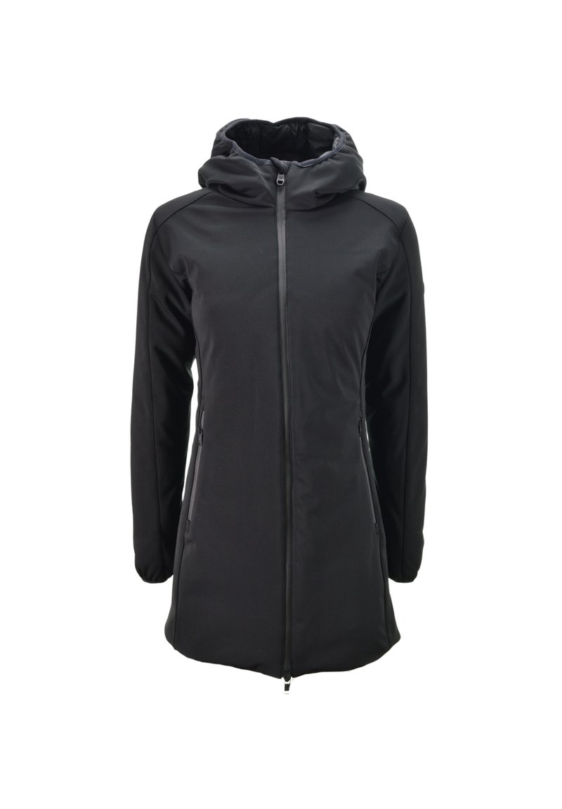 Zwarte hoodie met een rits aan de voorkant, lange mouwen en ritszakken aan de zijkanten. Glad, rekbaar materiaal met een aansluitende pasvorm.