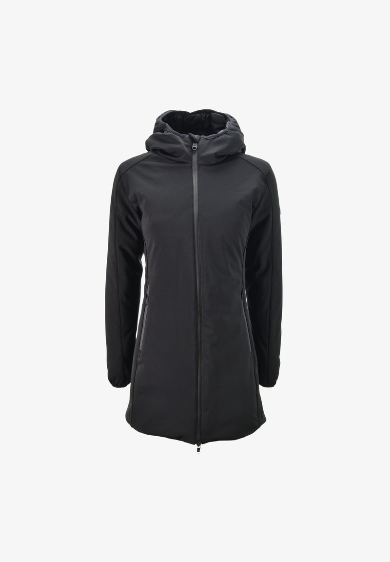 Zwarte hoodie met een rits aan de voorkant, lange mouwen en ritszakken aan de zijkanten. Glad, rekbaar materiaal met een aansluitende pasvorm.