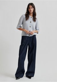 Cardigan scurt, de culoare bleu deschis, cu cinci nasturi negri, asortat cu pantaloni evazați din denim închis la culoare și tocuri negre ascuțite.