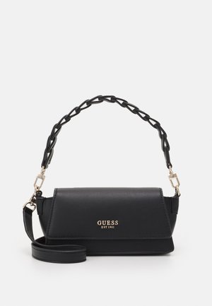 Black handbag with a structured design, made of smooth material. Features a braided strap and a gold logo accent on the front.