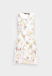 Vestido blanco sin mangas con un estampado floral que presenta flores rosas y amarillas, con cintura ajustada y falda fluida. Material de algodón suave.