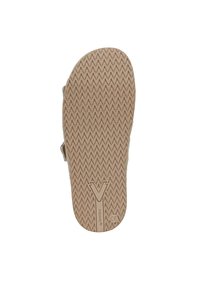 Suola di sandalo con una texture ondulata in gomma marrone chiaro, caratterizzata da un distintivo logo a "V" al centro. Include supporto per l'arco sagomato per il comfort.