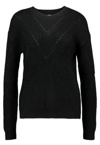 Schwarzer gestrickter Pullover mit Rundhalsausschnitt und aufwendigen geometrischen Mustern. Lange Ärmel und gerippter Saum verleihen Textur und Detail.