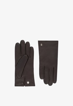 Braune Lederhandschuhe mit glatter Oberfläche, ausgestattet mit einem Knopfverschluss und einem fünfgliedrigen Design, geeignet für den Einsatz bei kaltem Wetter.