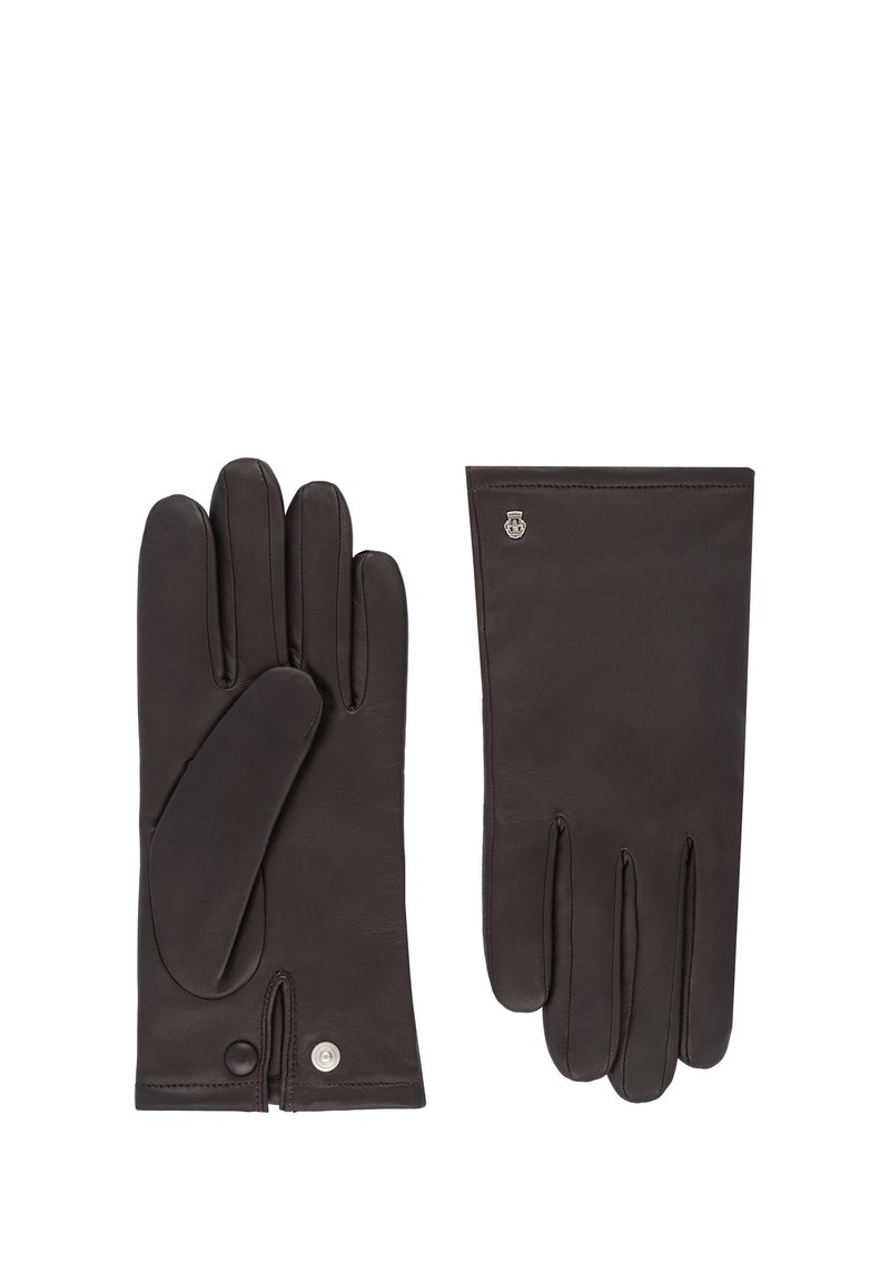 Braune Lederhandschuhe mit glatter Oberfläche, ausgestattet mit einem Knopfverschluss und einem fünfgliedrigen Design, geeignet für den Einsatz bei kaltem Wetter.