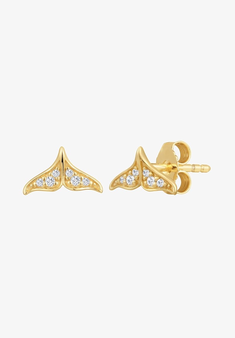 Gold-tone earrings shaped like dolphin fins with five small inset clear crystals for added detail. Smooth texture and polished finish.