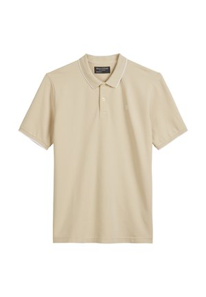 Beige polo shirt made from cotton, featuring a classic collar, short sleeves, and white accent piping on the collar and sleeves.