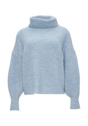 Hellblauer gestrickter Pullover mit hohem Rollkragen, oversized Silhouette und gerippter Textur. Verfügt über überschnittene Schultern und schmale Bündchen.