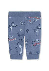 Blauwe katoenen legging met verschillende dinosaurussen patronen in donkerblauw, rood en grijs. Geribbelde tailleband en cuffs voor een snug fit.