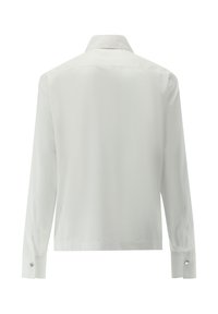Camicia bianca a maniche lunghe realizzata in tessuto liscio. Presenta un colletto classico e polsini con bottoni. Design semplice senza motivi o decorazioni.