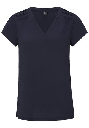Navy blue short-sleeve blouse with V-neck and subtle pleated details on shoulder seams, straight hem.