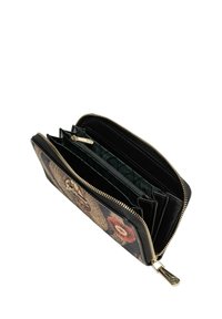 Portafoglio nero a zip con design floreale, multiple fessure per carte e un compartimento con zip all'interno. Esterno texturizzato con hardware dorato.