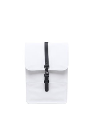 White backpack made of durable material with a flap top, secured by a black strap and buckle, featuring two front pockets.