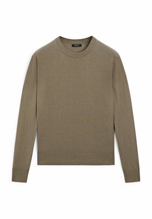 Olive green long-sleeve sweater, round neck, ribbed cuffs and hem, made from soft knit material with a smooth texture.