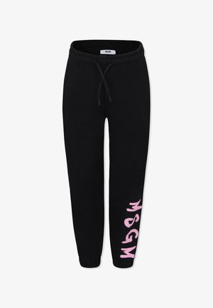 Pantalones deportivos negros con cintura ajustable, con un logo rosa impreso verticalmente en la pierna izquierda. Tejido suave y puños ajustados.
