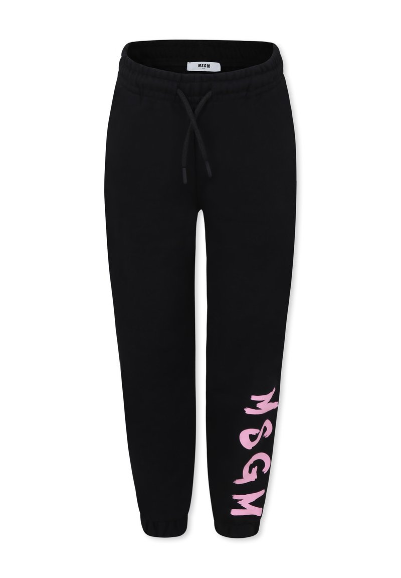 Zwarte joggingsbroek met een trekkoord in de taille, voorzien van een roze logo dat verticaal op het linkerbeen is gedrukt. Zachte stof en taps toelopende boorden.