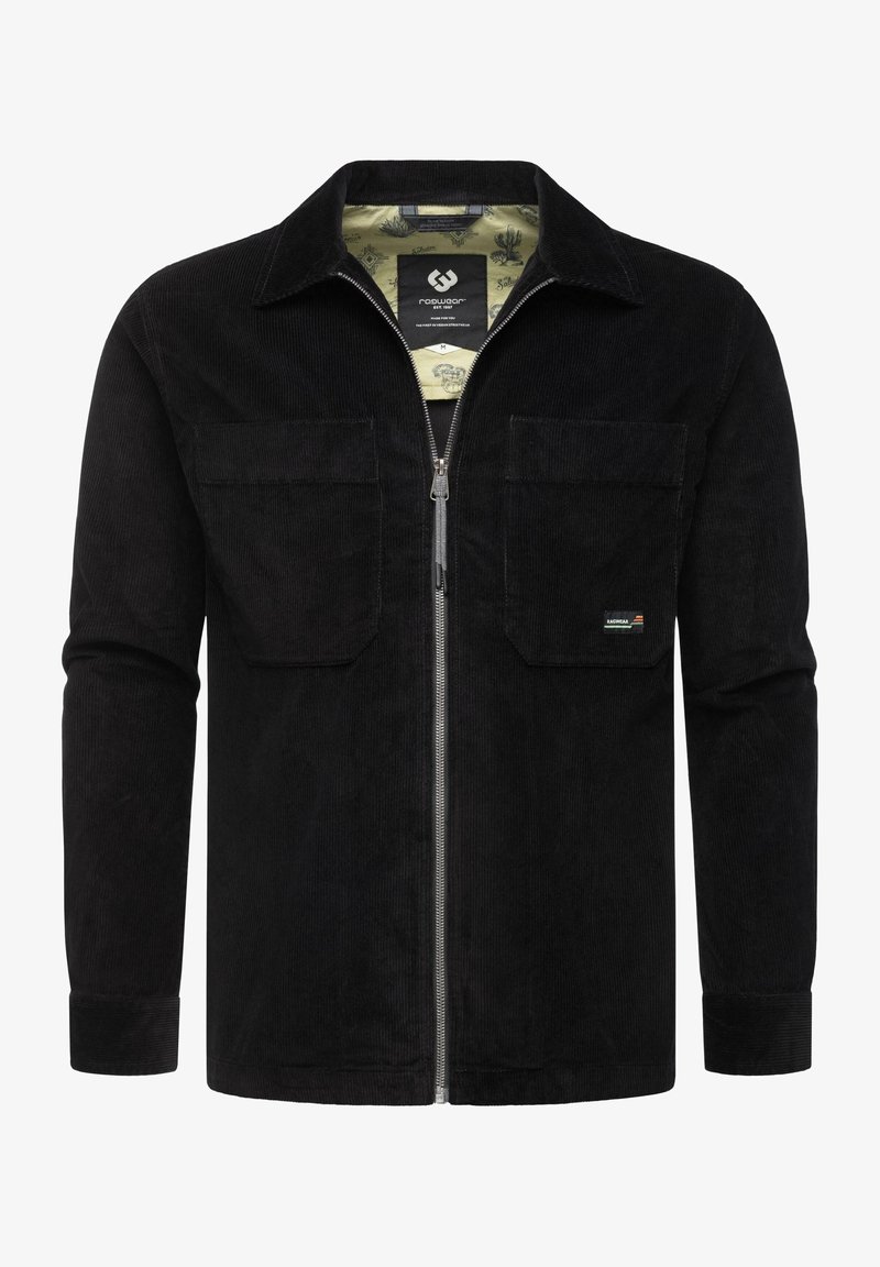 Schwarze Cordjacke mit einem Reißverschluss vorne, zwei Brusttaschen und einem gemusterten Innenfutter mit Kakteen und dekorativen Motiven.